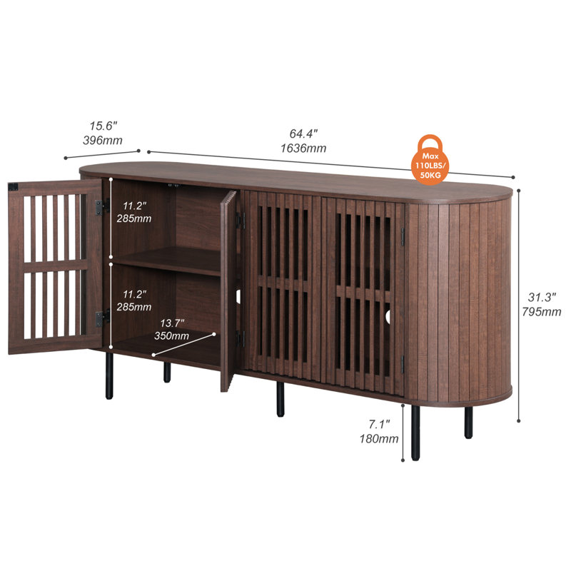 Meuble télé 64 po Mid-Century pour téléviseur 90 po, Bois brun