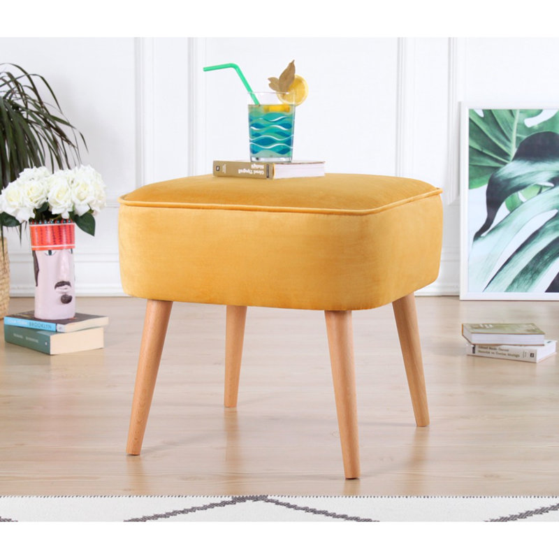 Pouf bohémien en velours avec pieds en bois, jaune, 17,7 po x 17,7 po x 16,9 po | 100% velours, 35 éponges orthopédiques, épaisseur: 2,4 pouces | Sièges élégants et confortables pour le salon ou la chambre à coucher