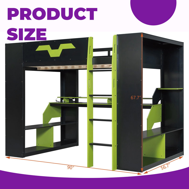 Lit mezzanine pleine grandeur avec concentrateur électrique intégré, bureau ergonomique et lumières RVB froides - Conception peu encombrante pour les enfants et les adolescents