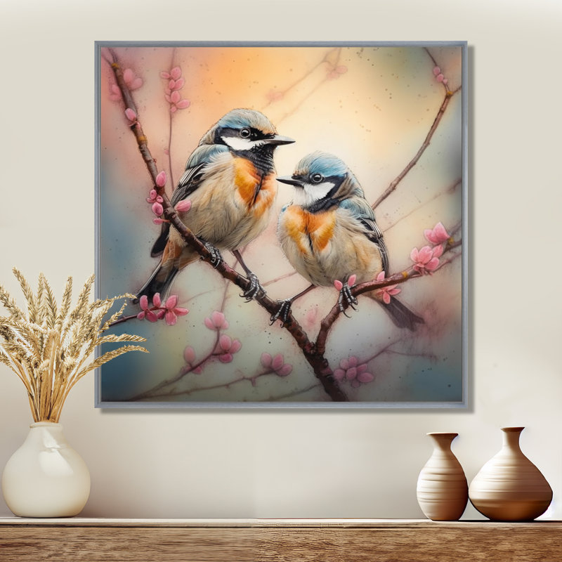 Deux oiseaux bleus sur un arbre en fleurs II - Art mural floral pour salon, H 16 po x l 16 po, Encadrement argenté