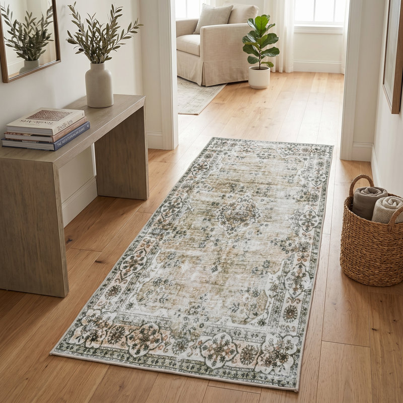Tapis oriental lavable à la machine Royalton en vert / beige / crème, Tapis de couloir 2 pi x 6 pi
