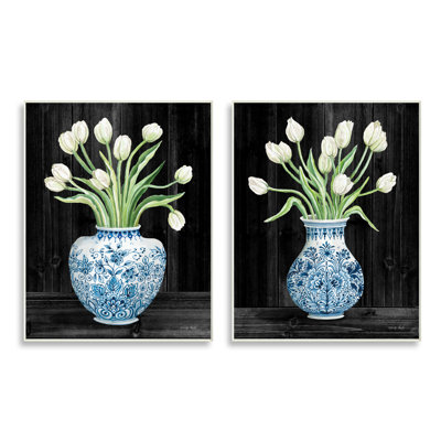 " White Tulips Chinese Ceramic Urn Patterned Porcelain " 2 Piece Art Graphic Art Print