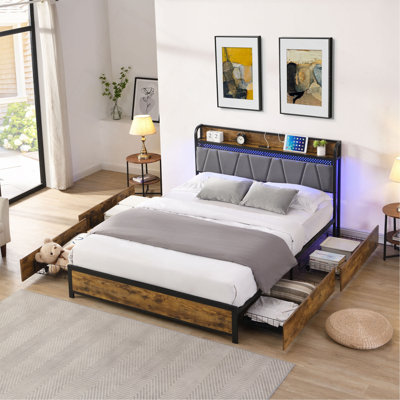 Structure de lit très fonctionnelle avec de nombreux tiroirs de rangement, une station de charge avancée et un éclairage DEL relaxant pour une expérience de chambre à coucher améliorée