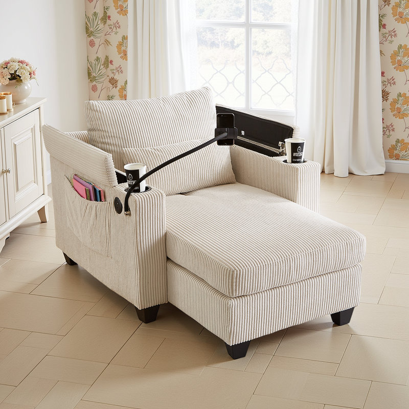 Chaise longue convertible en velours côtelé avec port USB, porte-gobelets et accoudoirs de rangement, Beige