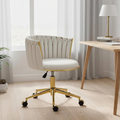 Chaise de bureau, fauteuil de coiffeuse pivotant avec dossier tissé, blanc crème