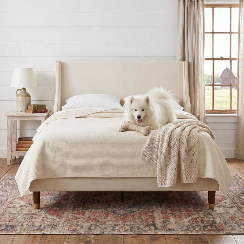 Melaya Wingback Upholstered Platform Bed Frame, Full, Cream