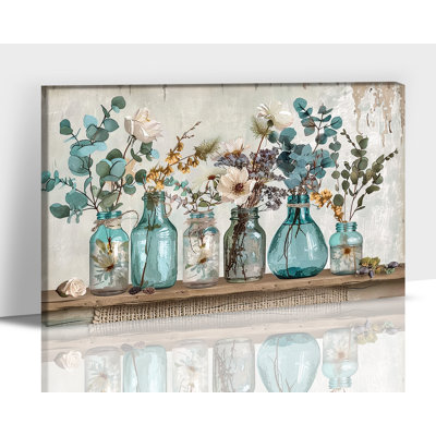  Fleur, art mural sur toile, photos de vases en verre rustique rustique, impression de nature morte botanique rétro, décor d'ambiance sereine pour salle de bain, salon, 24 x 36 po