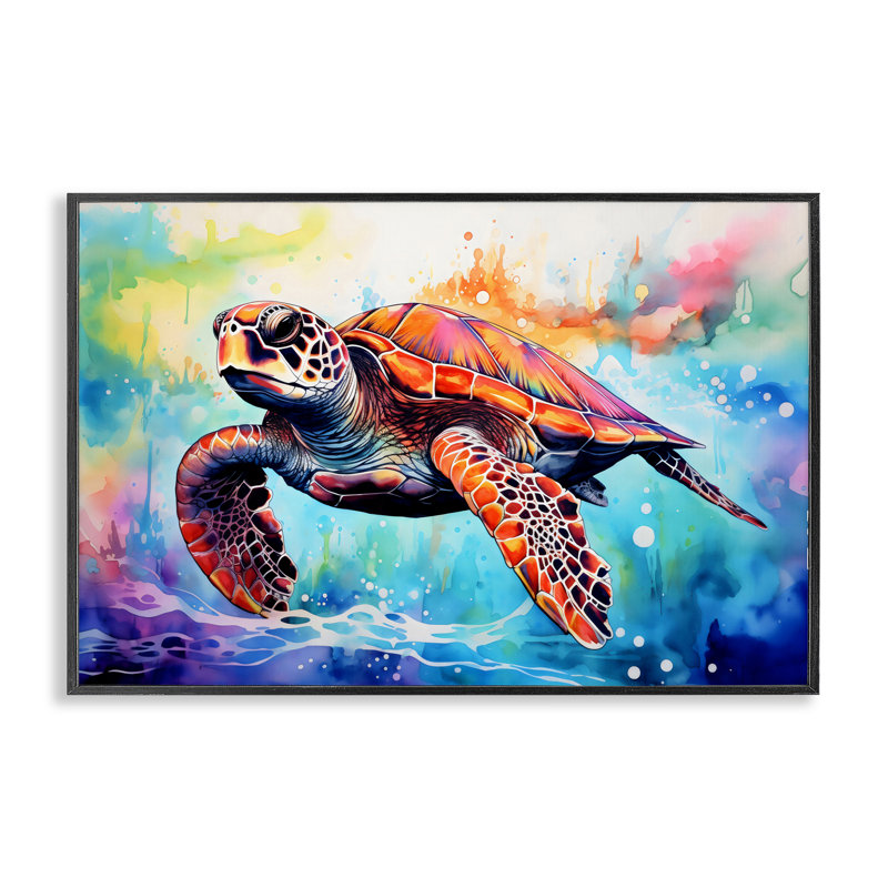 Tortue de mer sur aquarelle, giclée encadrée, design par LSR Design Studio, H 12 po x l 18 po, Giclée encadrée noir minuit