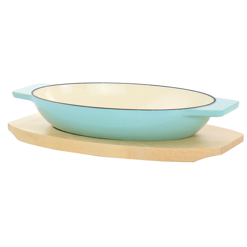 Oval Blue Cast Iron Casserole with Birch Wood Trivet