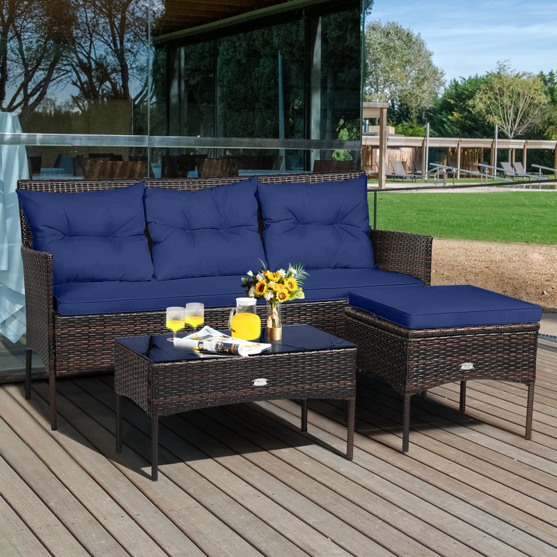 3 PCS Patio Rattan Conversation Set Garden Corner Sofa Set W/ Coffee Table-Navy, Blue