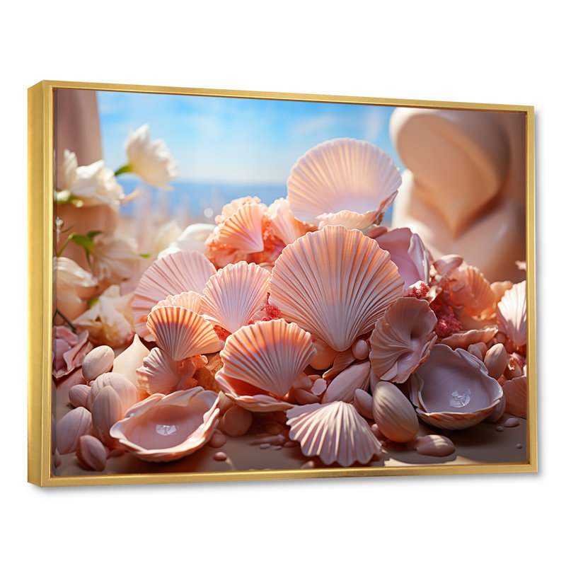Coquillages romantiques sur toile, H 12 po x l 20 po x P 1 po, Cadre flottant doré