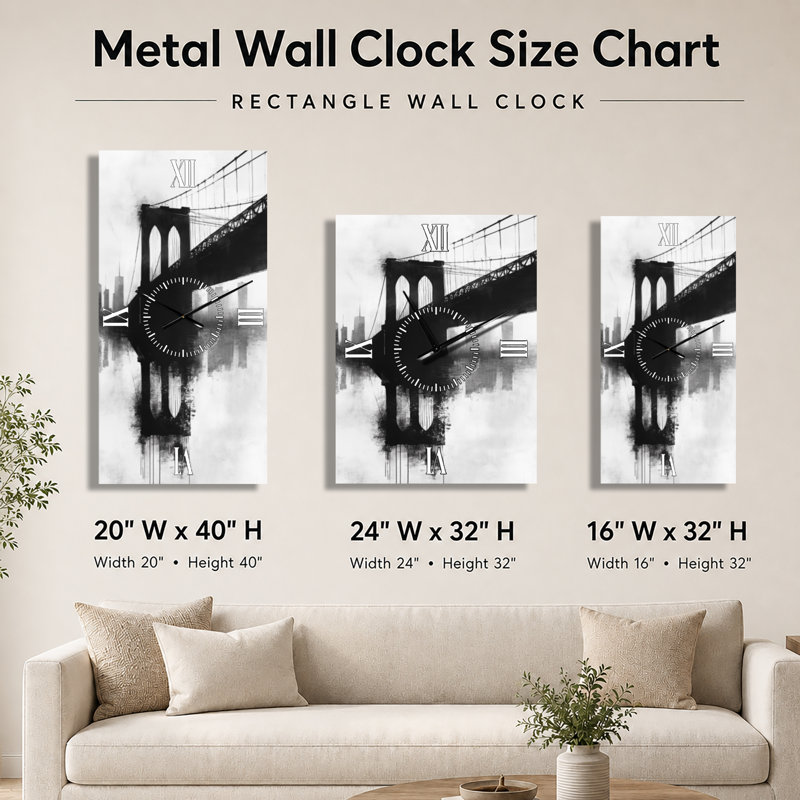 Reflet du pont de Brooklyn - Horloge murale vintage en métal, H 32 po x l 16 po - Rectangle
