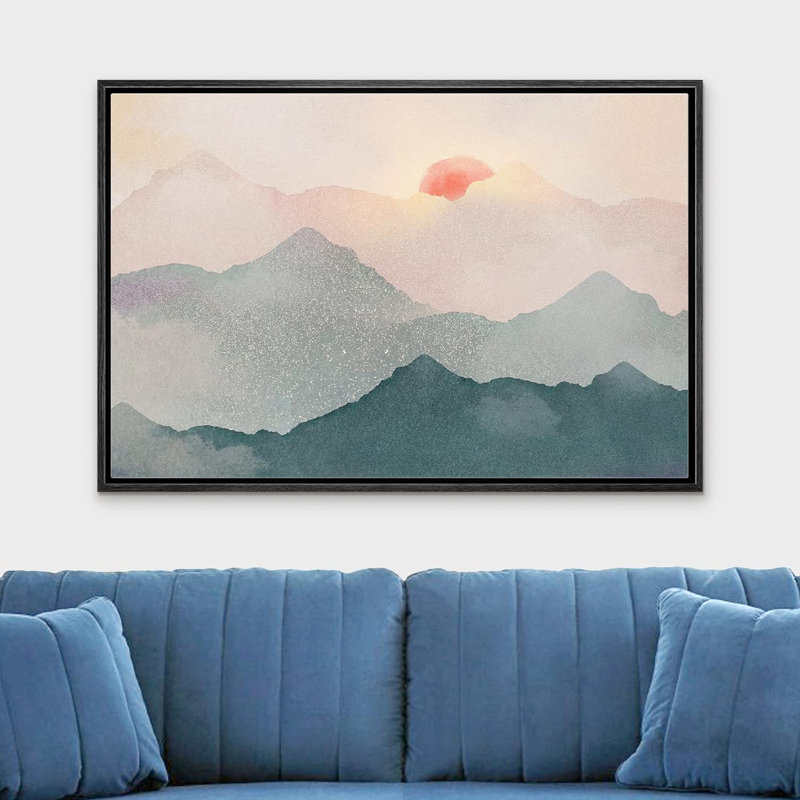 Pastel bleu sarcelle aube rose montagne nature art moderne abstrait paysage salon chambre bureau, Cadre flottant noir