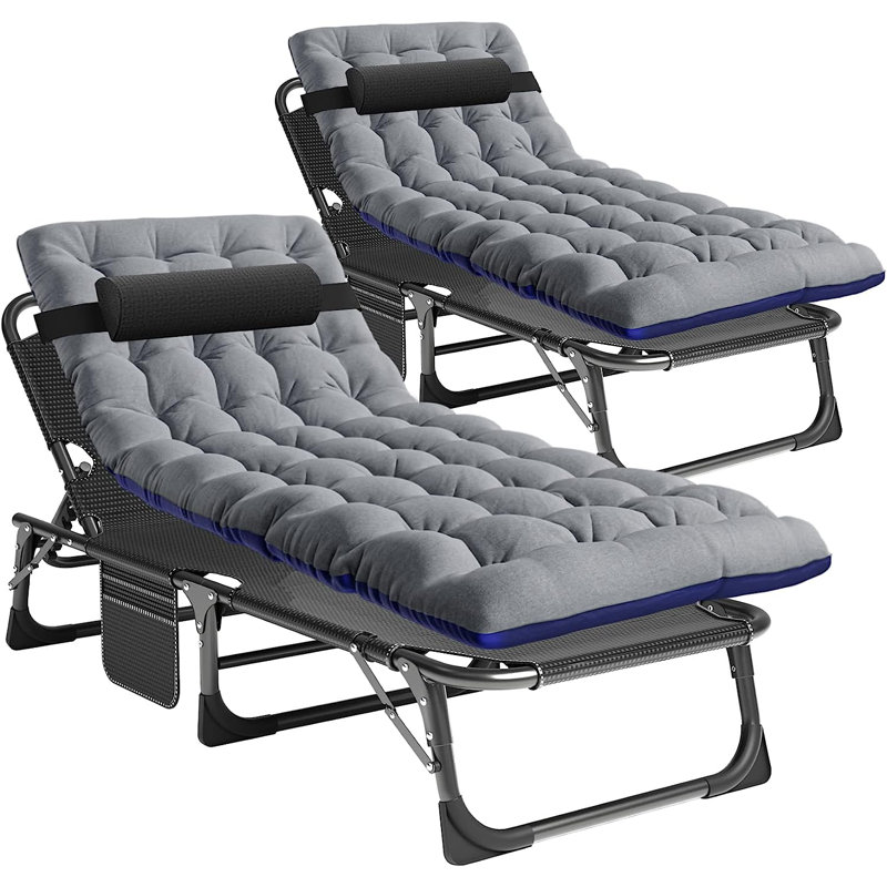 Portable Folding Lounge Chair Cots Bed Adjustable 5-Position Reclining Folding Chaise with Mattress, Gray