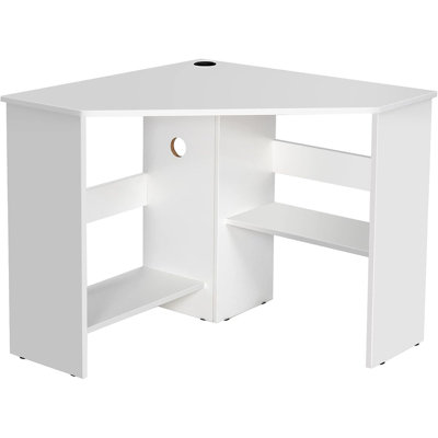 Bureau d'angle 90 ° avec tablettes de rangement et support pour unité centrale - meuble-lavabo compact blanc ou meuble-lavabo pour chambre à coucher, table en bois pour petits espaces