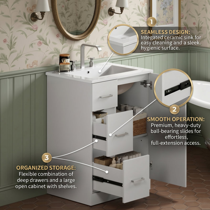 24" Free-Standing Bathroom Vanity Set With Ceramic Sink & Storage Cabinet, 2 Drawers & Shelf & 1 Soft Closing Door, Silver