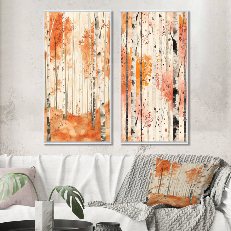 Forêt de bouleaux ambrés I - Ensemble de 2 impressions sur toile représentant un bouleau, 32" H x 32" W, White Floater Framed