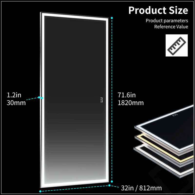 72X32 Inch Oversized LED Bathroom Mirror With 3 Color Modes, Aluminum Frame, And Full-Length Lighted Design For Modern Interiors