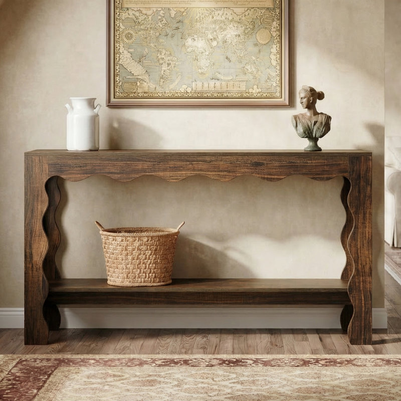63" Narrow Long Console Table with Scalloped Edge and Storage Shelf, Entryway Table Behind Couch for Entryway & Living Room