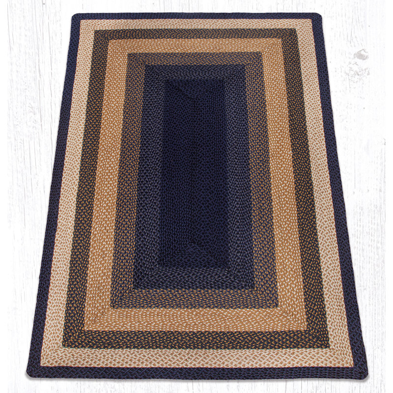  Tapis tressé oblong bleu clair, bleu foncé et moutarde - qualité artisanale, Rectangle 5 pi x 8 pi