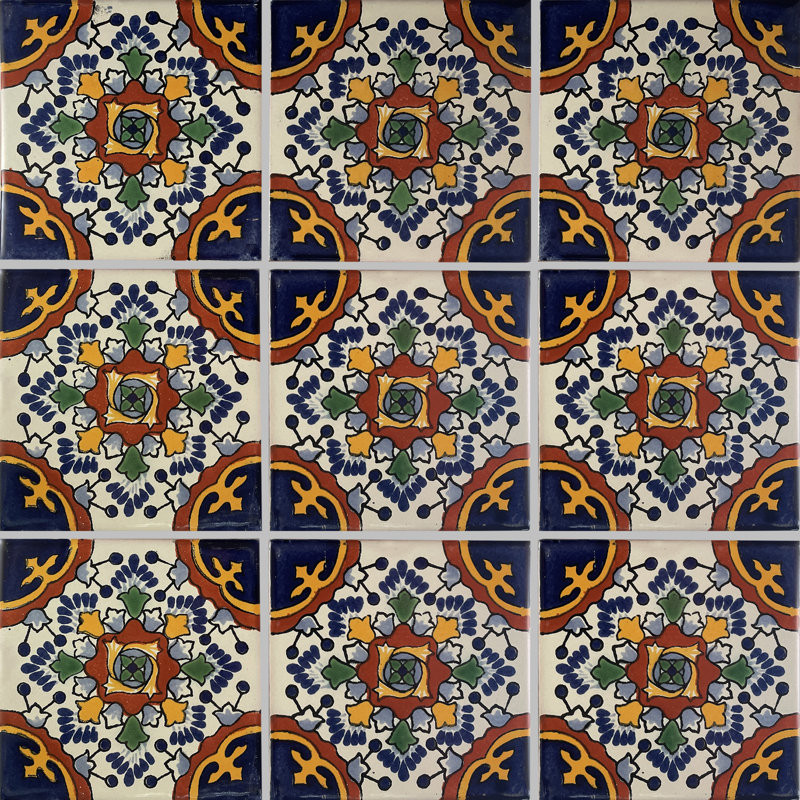 4.2" x 4.2" 9pcs TalaMex Blue Gerona Mexican Clay Tile Handmade Talavera Backsplash Mosaic