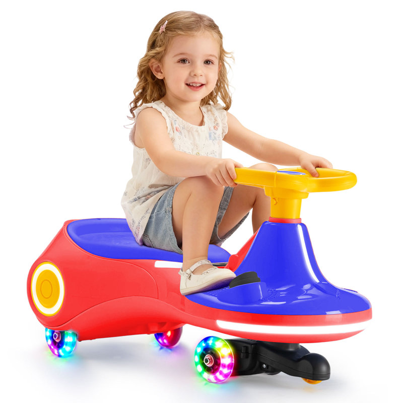 BacklD 12V Electric Wiggle Car for Kids, 3-in-1 Ride-On Toy with Power Pedal, Scooter, Wiggle, and Pedal Modes, 160 lbs Capacity, Red and Blue Wiggle Car with Colorful LED Lights, Music, and Anti-Rollover Safety Design