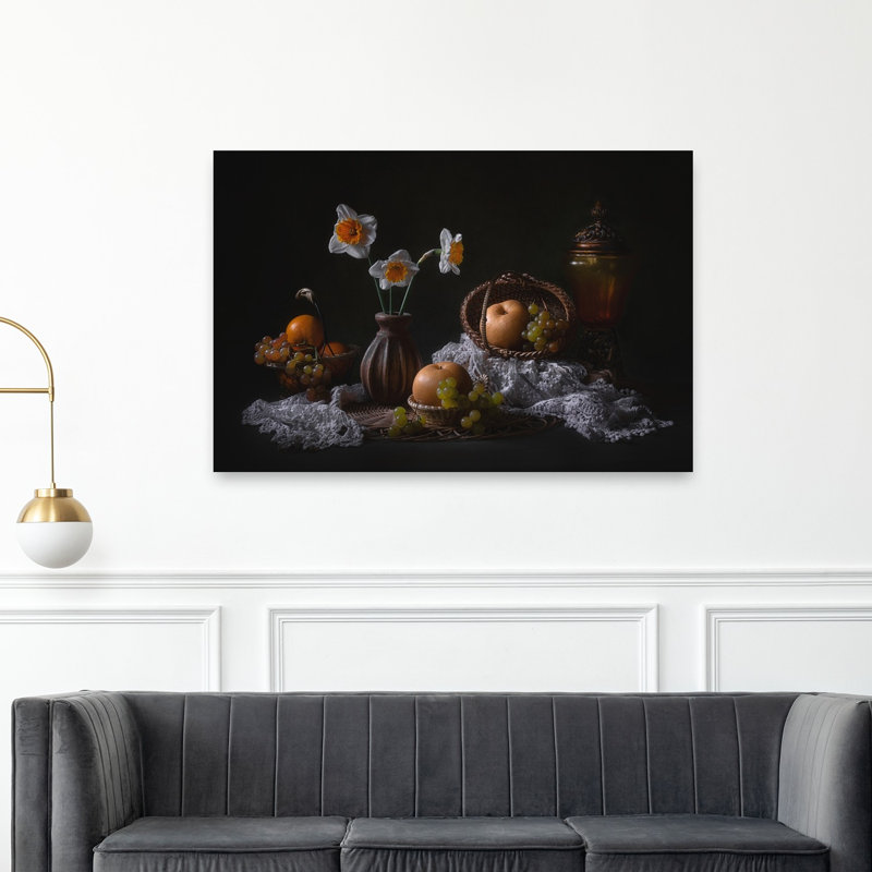 Daffodils Fruit Still Life Classic Elegant Rustic Daffodil Flower Fruit Wall Art Print 1 Piece Wrapped Canvas Wall Art