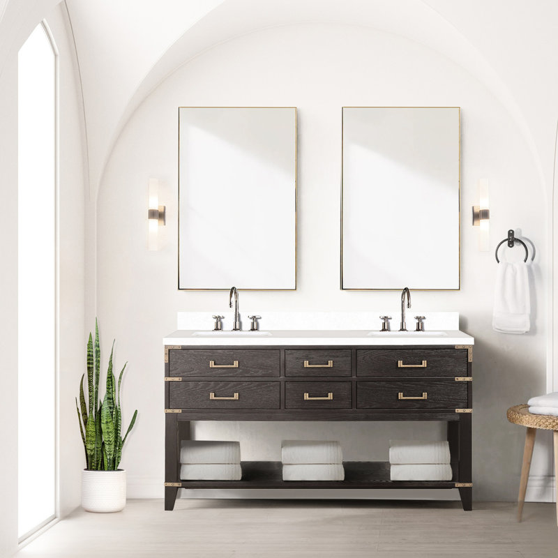 Meuble-lavabo double en chêne brun 60 po L x P 22 po, comptoir et robinet en quartz poli blanc - nombreuses options de rangement avec couvercle scellé à fermeture en douceur et armoire ouverte, conception à quatre tiroirs