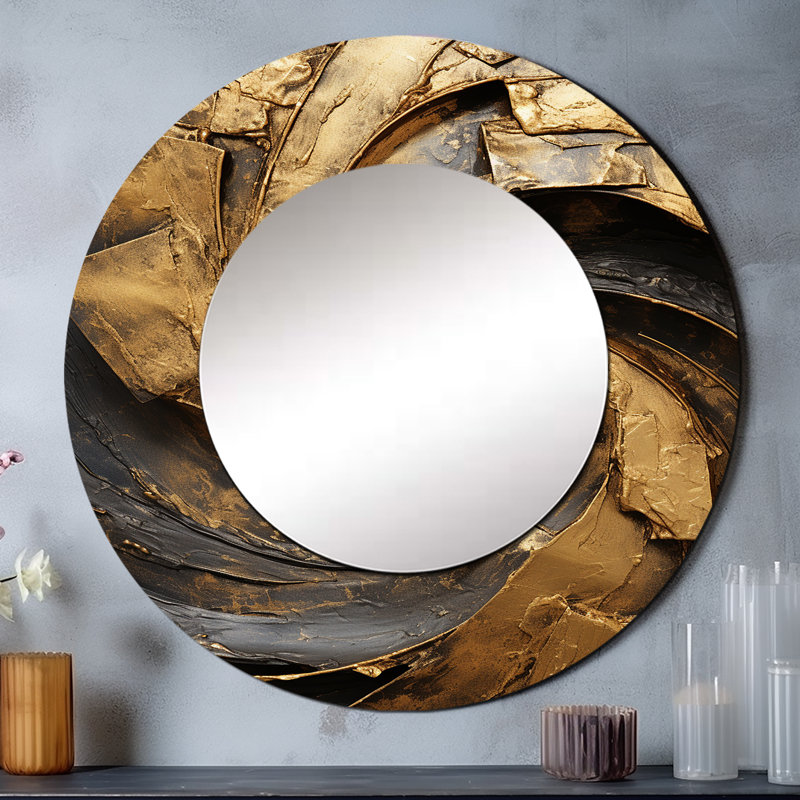 Gold Black Timeless Turn IV - Abstract Spirals Round Mirror Wall Decor, 36" x 36"