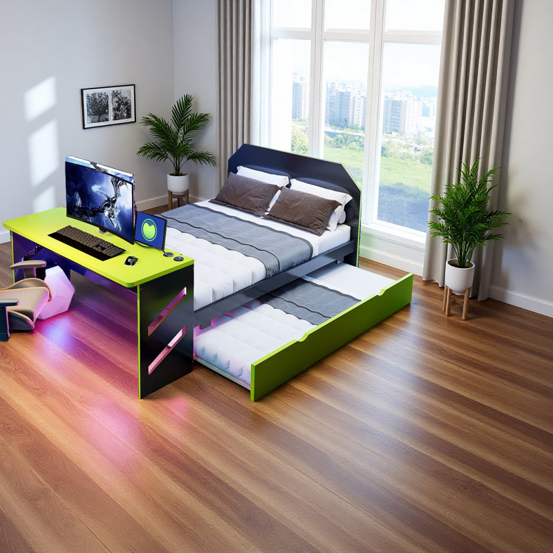 Lit de jour en bois pleine grandeur avec lit gigogne simple, bureau et port USB, Vert
