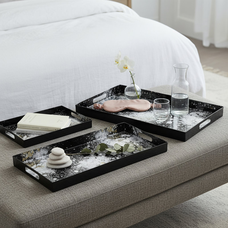 Modern Decorative Tray Set with Unique High-Contrast Artistic Finish - Ottoman Tray for Entertaining and Coffee Table Tray for Stylish Home Decor - Accent Tray for Serving or Display - Set of 3, 18", Black