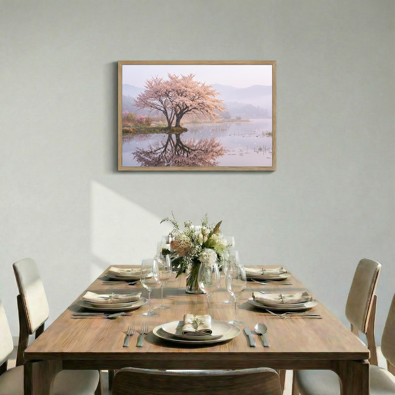 Art mural sur toile de cerisier rose reflété dans un lac brumeux, H 24 po x l 36 po