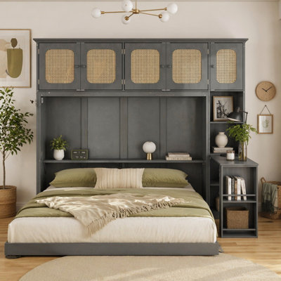 Lit escamotable double avec bureau et armoires en rotin, lit mural peu encombrant