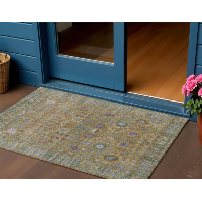 Tapis intérieur/extérieur lavable à motifs floraux dorés et verts 90 x 150 cm