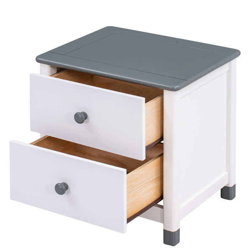 Table de chevet en bois avec deux tiroirs pour enfants, table de bout pour la chambre à coucher, blanc, Blanc / Gris