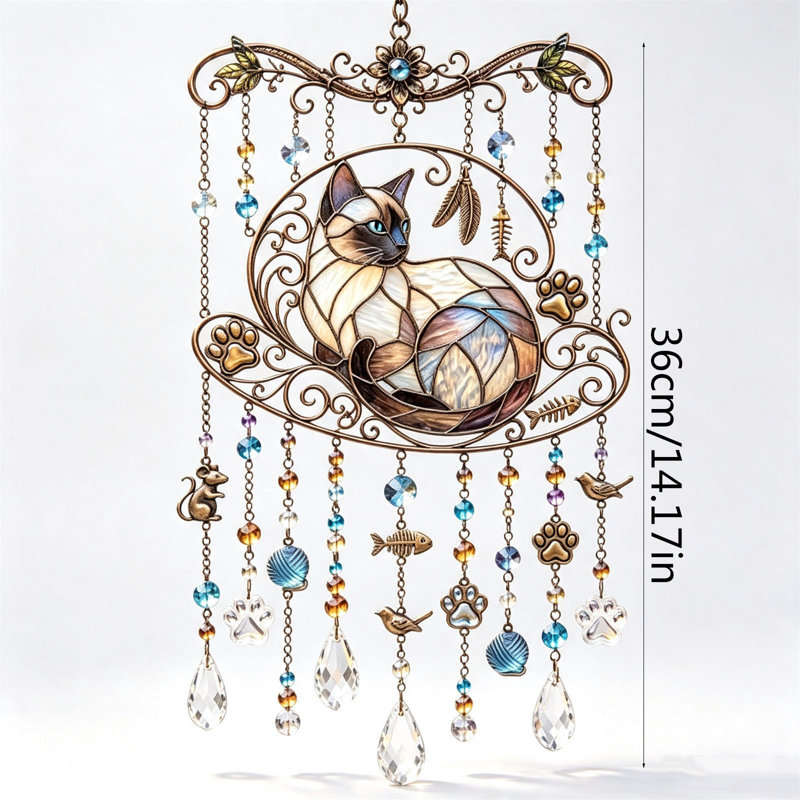 Carillon éolien suspendu en vitrail, ornement en cristal de Bohême et métal avec pomme de pin et pendentifs, B
