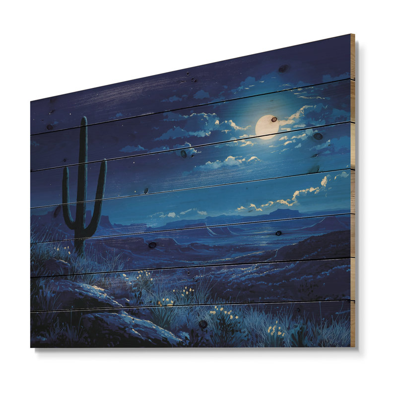 Cactus Saguaro sous les étoiles I - impression de cactus floral sur bois de pin naturel, H 30 po x l 40 po x P 0,78 po