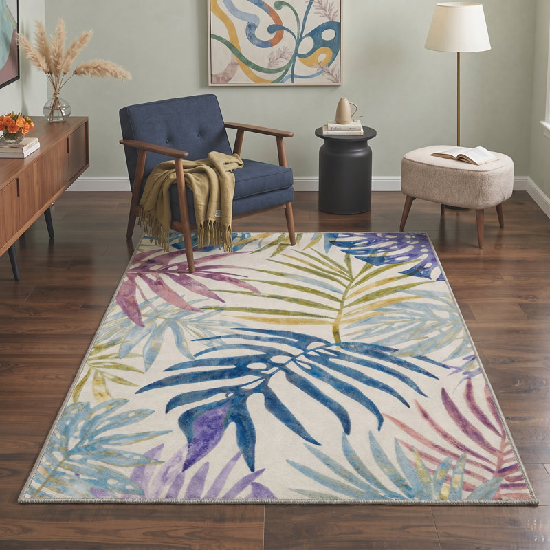Abrahamson Verdant Tropical Machine Washable Beige / Green / Blue / Purple Indoor Area Rug with Non-Slip Backing