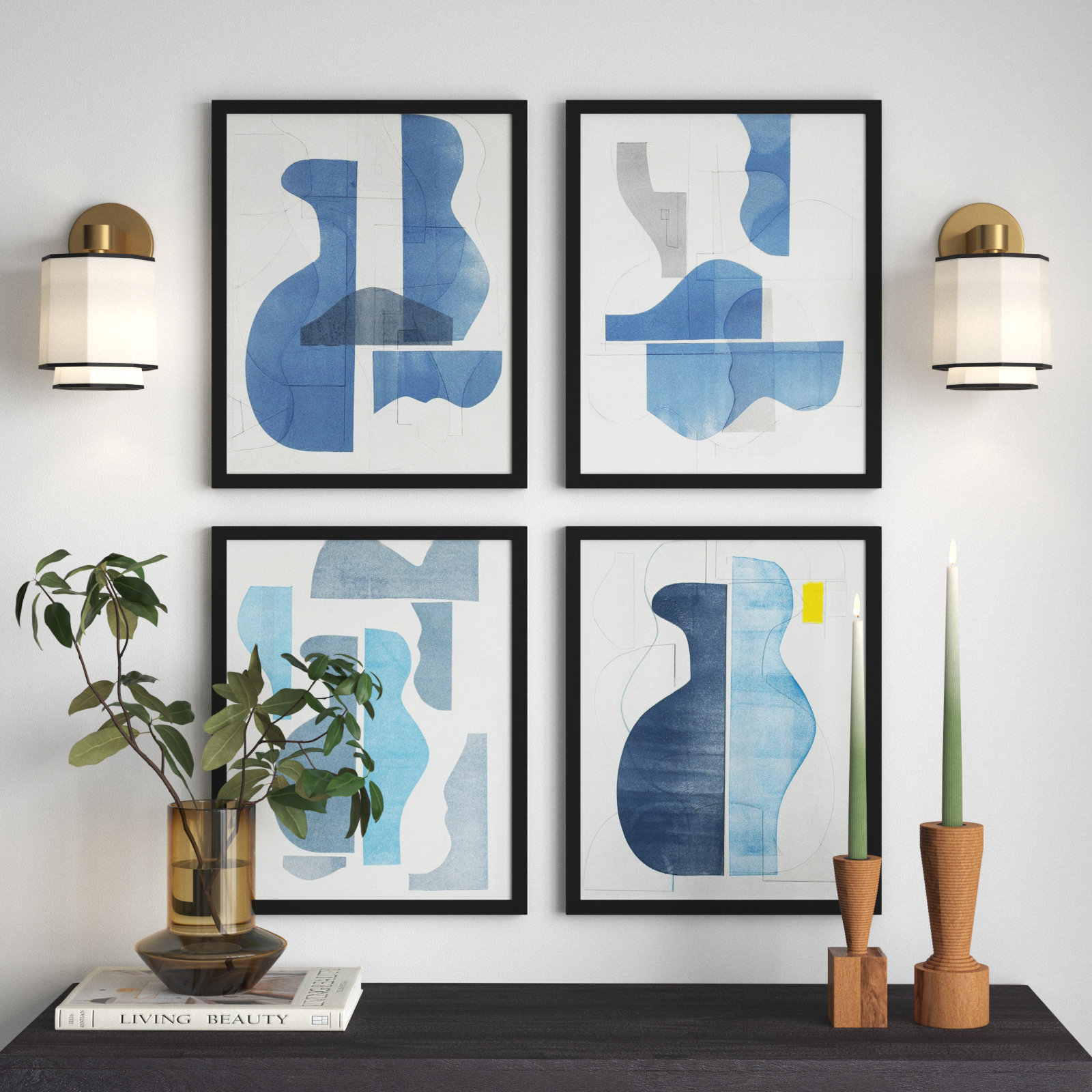 Pottery Forms 4-Piece Print Set, 37" W x 45" H, Black