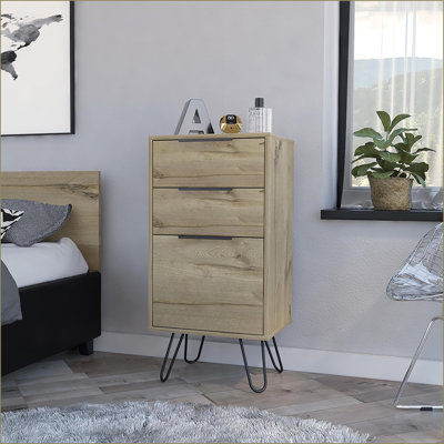 Commodes à 3 tiroirs, 4 pieds en épingle à cheveux, plateau supérieur | Chêne clair | Panneau de particules
