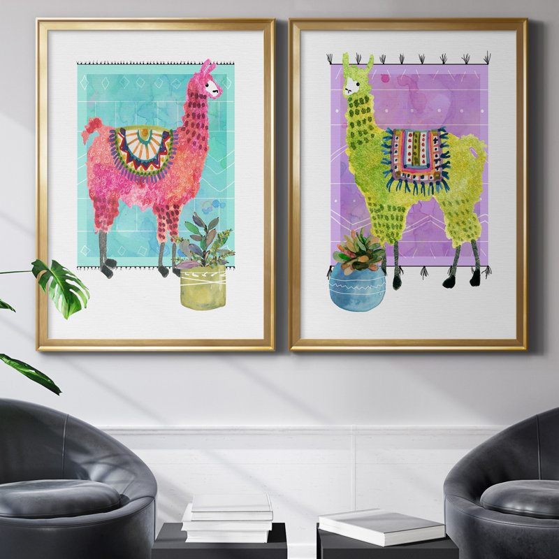 «Lovely Llama III», ensemble de 2 reproductions d'art, Pas de tapis, H 22,5 po x l 61 po x P 1,5 po, Toile encadrée dorée