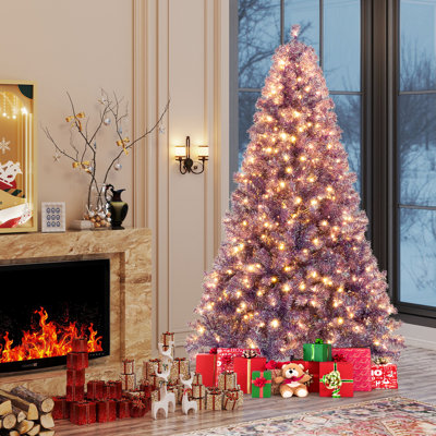  7.5 FT Pre-Lit Tinsel Christmas Tree Artificial Xmas Tree w/ 1300 Lush Branch Tips