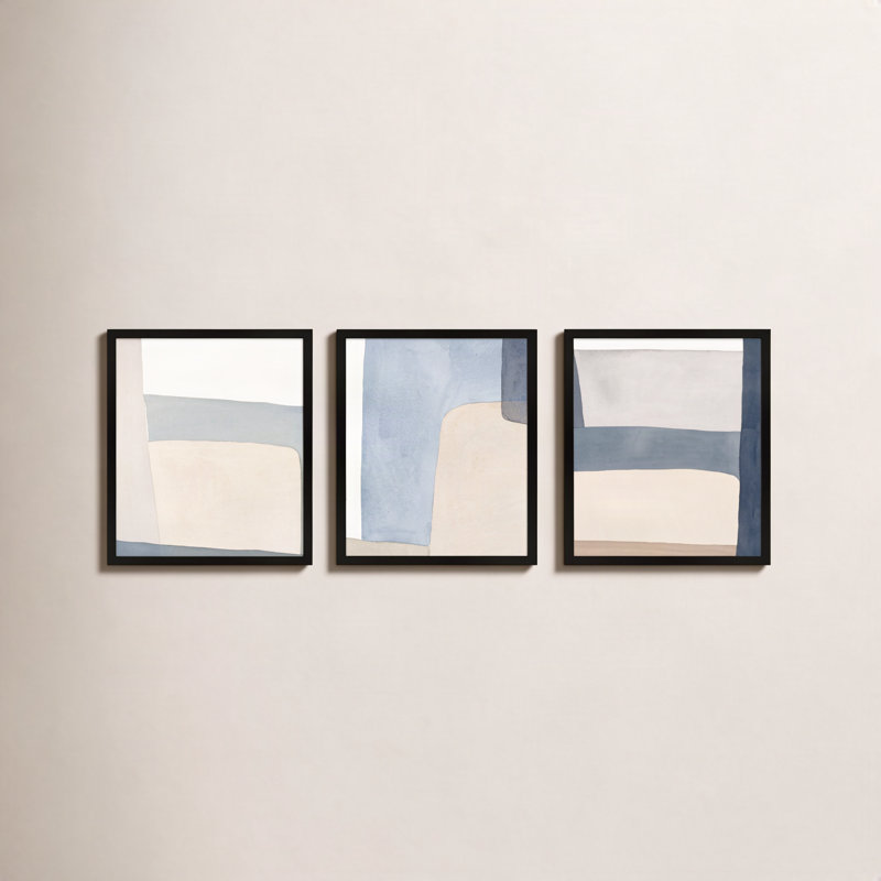 Grey Hue Set of 3 Framed Watercolour Painting Print by Julia Balfour, 20" H x 48" W, Picture Framed Paper, Black