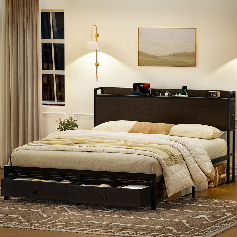 Alevtina Bed Frame with 2 Bedside Drawers & 2 Underbed Drawers, Storage Bed with Outlet & Open Shelf, Full