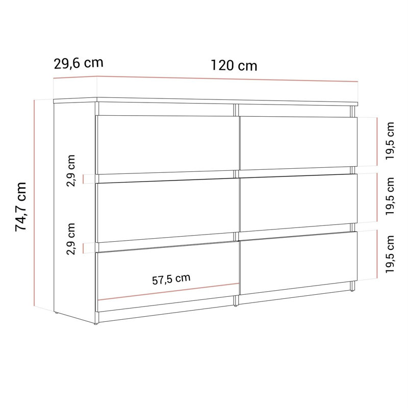 120 cm W Chest of 6 Drawers, Sonoma Oak