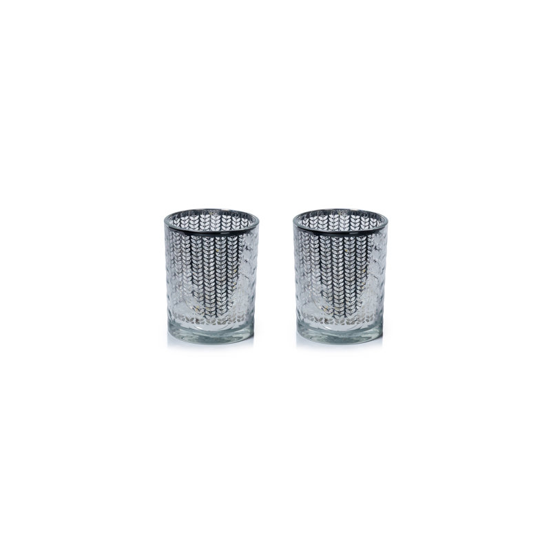 Laser-Etched Metallic Glass Hurricane Candle Holders, Set of 2, Silver