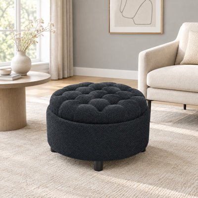 Pouf de rangement rond capitonné de 25 pouces avec plateau amovible.