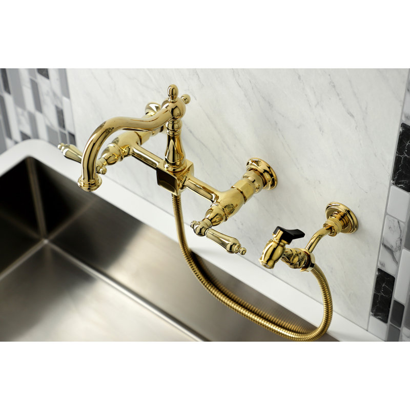 Kingston Brass Heritage Double-Handle 3-Hole Wall-Mount Bridge Kitchen Faucet with Brass Sprayer, Light Gold
