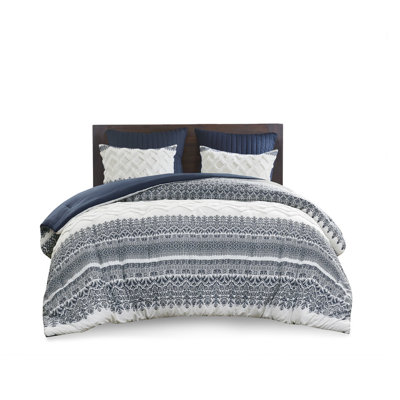 Full/Queen Cotton Comforter . Navy Print Chenille Tuft. Filling. 2 Matching Shams. Machine Washable Enchanting Home Bedding With Tufting. Print. Solid Reverse.