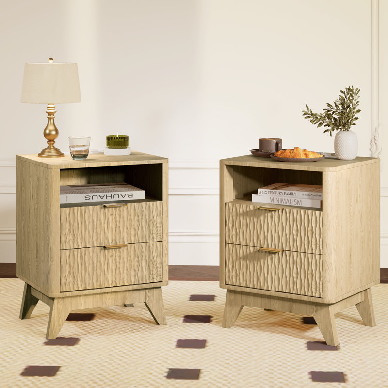 Fluted Nightstand with Charging Station and 2 Drawer, End Table Bedside Table for Bedroom, Living Room, Set of 2, Oak